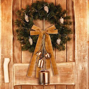 Harmony Cow Bells Vintage Rustic Christmas with 1 Roll Velvet Khaki Ribbon
